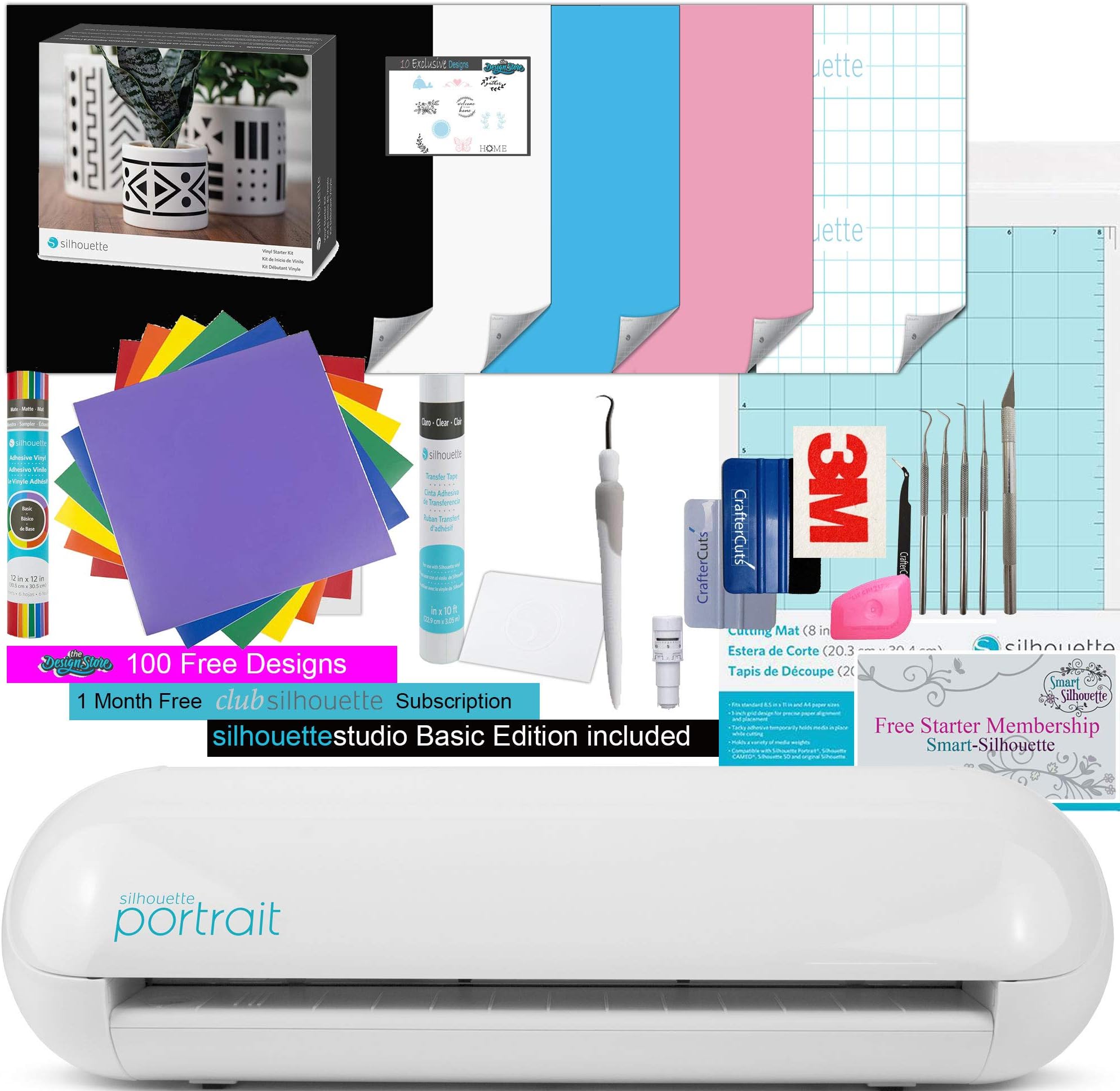 Silhouette Portrait 2 Starting Off with Vinyl Bundle, Includes Cutting Mat- AutoBlade- Vinyl Starter Kit- Basic Sample Pack of Vinyl- Deluxe Tool Kit, and Starter Membership to Smart Silhouette