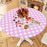 Smiry 36"-44" Picnic Table Cloth, Flannel Backed Vinyl Fitted Tablecloths | Waterproof Elastic Round Tablecloth ,Buffalo Plaid Table Covers for Dining, Camping, Outdoor, Pink and White