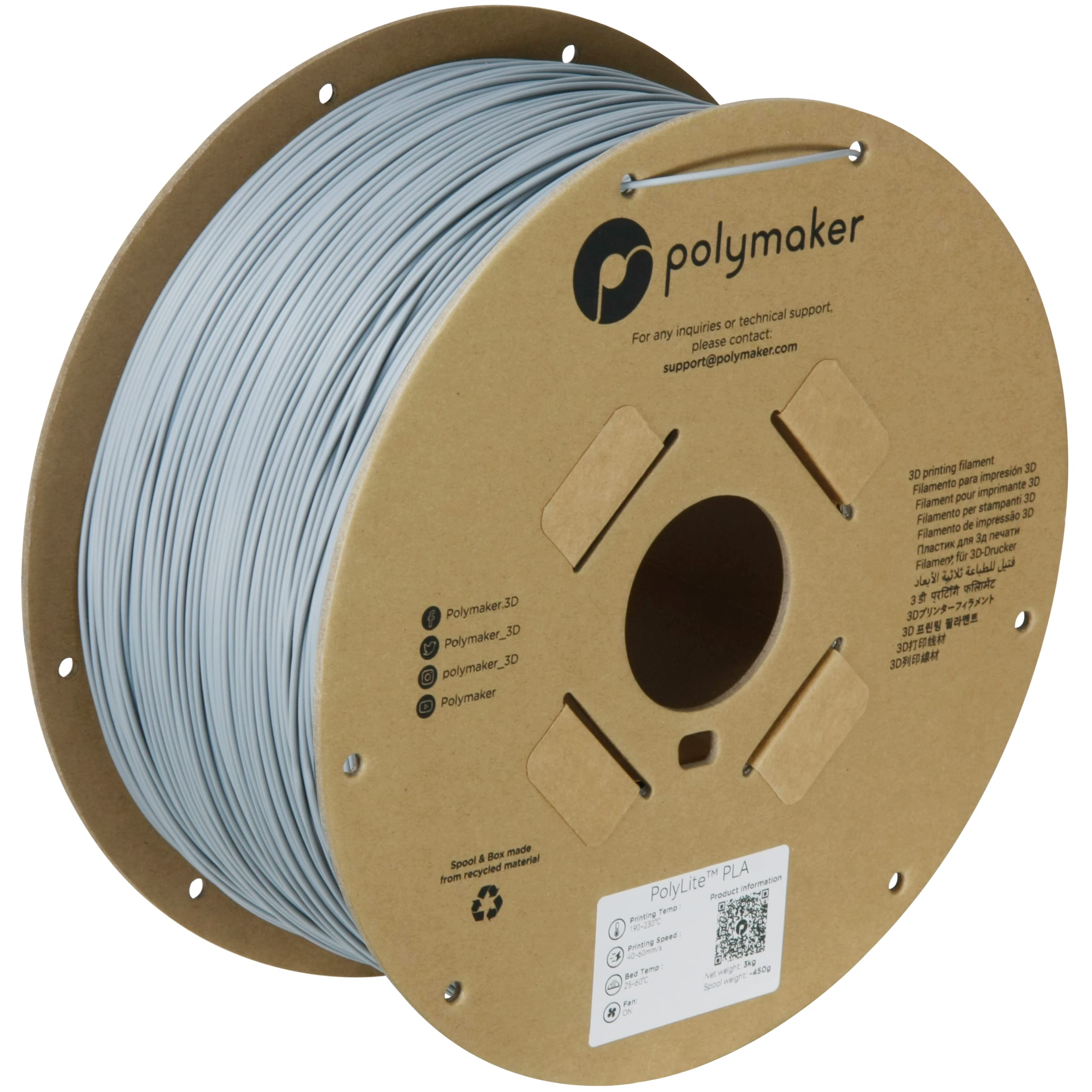 Polymaker 3kg PLA Filament 1.75mm, Grey PLA 3D