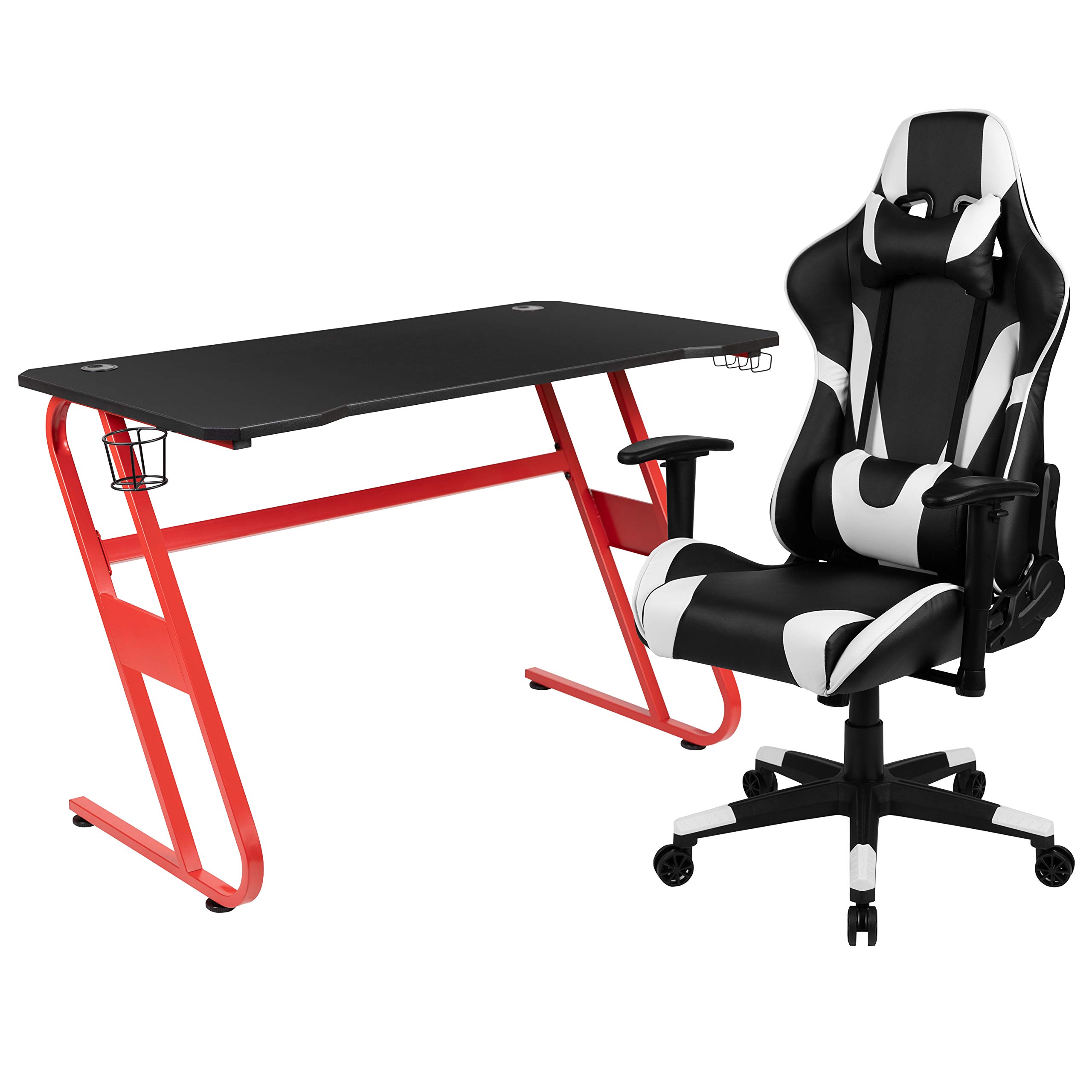 Flash Furniture Optis - Juego de escritorio para videojuegos rojo y silla reclinable para videojuegos, color negro, con portavasos y gancho para auriculares