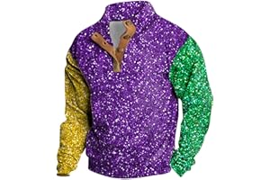 QWENTMTNTY Mardi Gras Shirt for Men Long Sleeve Casual Loose Henley Sweatshirts Pullover Big Tall Buttons Holiday Sequin Top