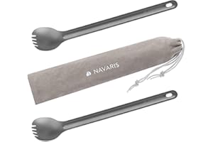 Navaris Long Handle Titanium Sporks (Set of 2) - 8.4" (21.5cm) Long Metal Spork Set for Backpacking and Camping - Strong Ultr