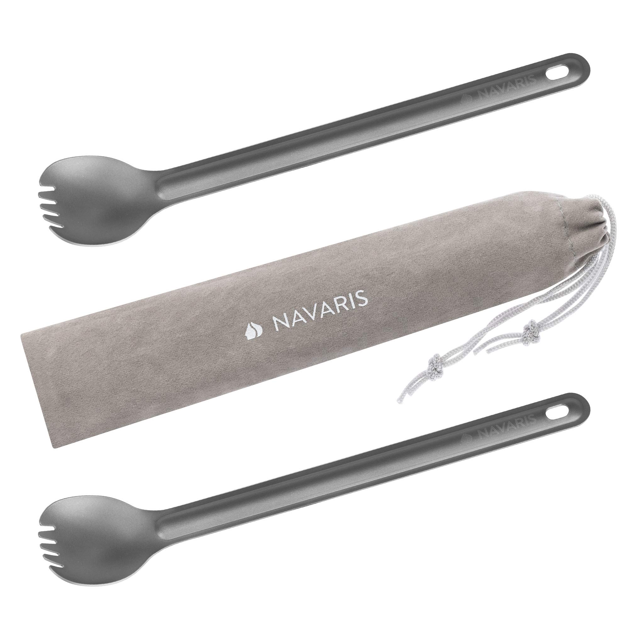 Navaris Long Handle Titanium Sporks (Set of 2) - 21.5cm Long Metal Spork Set for Backpacking and Camping - Extra Strong and Ultra Lightweight Cutlery