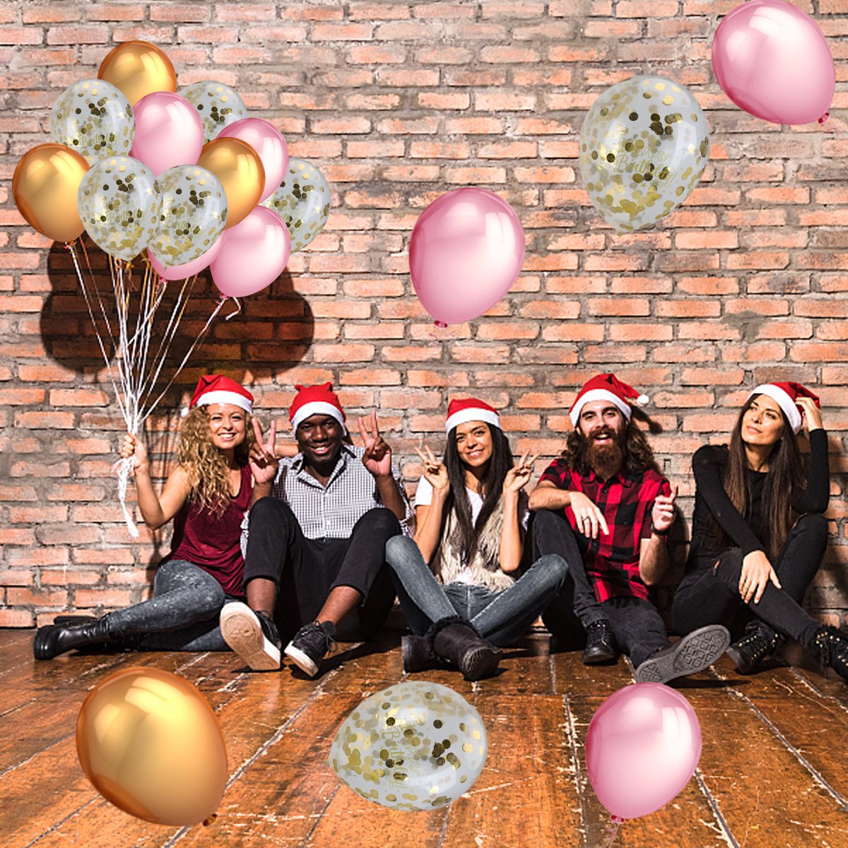 15 pcs Gold Confetti Balloons Printed Happy Birthday with 12 inches Gold and Pink Latex Party Balloons (30 Pcs) for Birthday Baby Shower Party Decorations Supplies