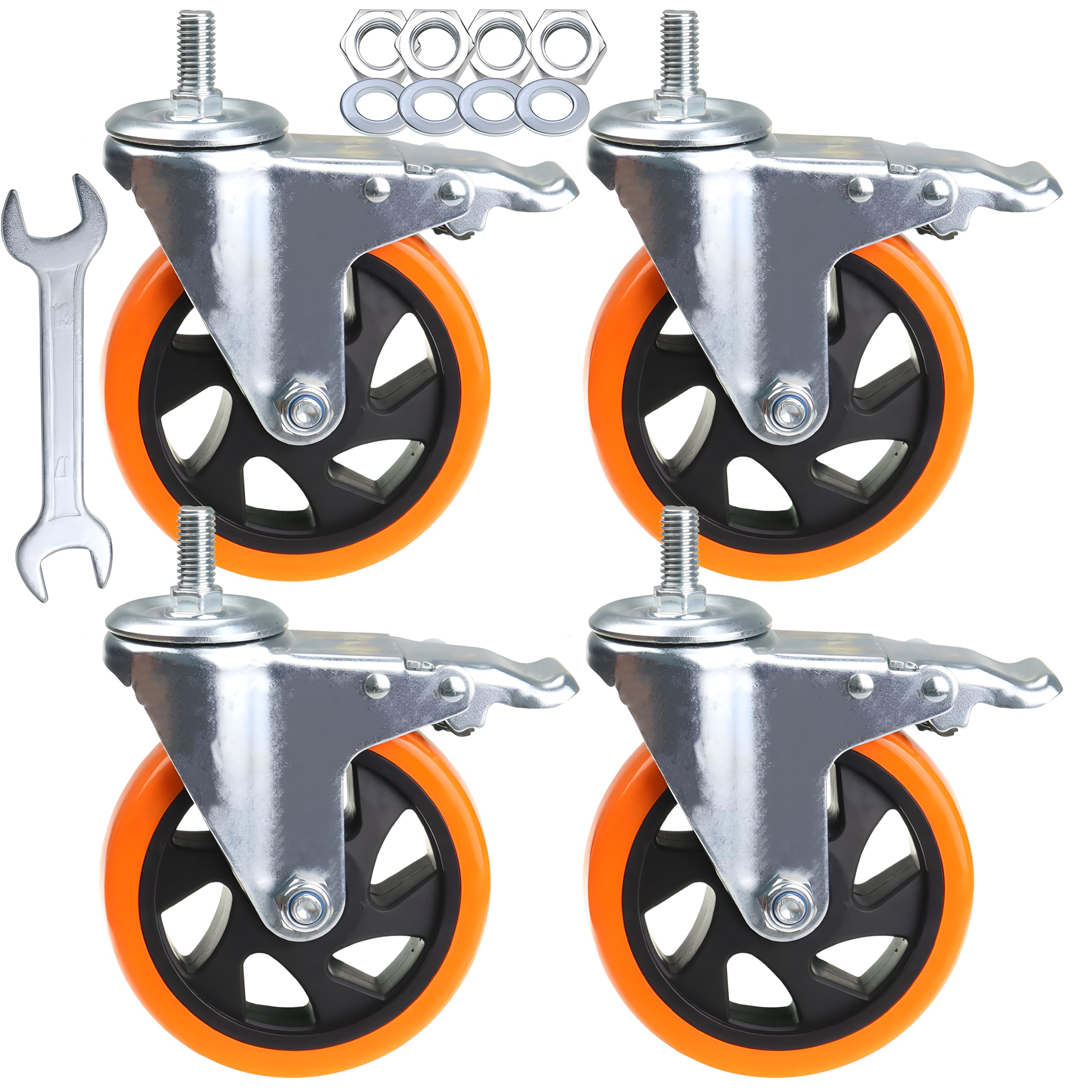 Stem Casters Heavy Duty Swivel Threaded Stem Caster Wheels with American Size 1/2''-13x1'' Thread Dual Locking Wheel with Brakes Pack of 4 (5 inch, with Brake) Image