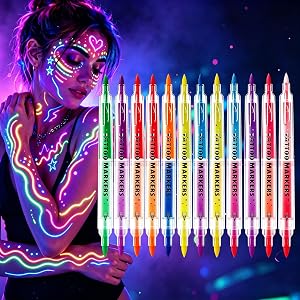 18 Colors 9 Pcs Dual Tip Glow Face & Body Paint,Neon Body Paint Sticks | Glow in The Dark Under UV Blacklight Face & Body Pai