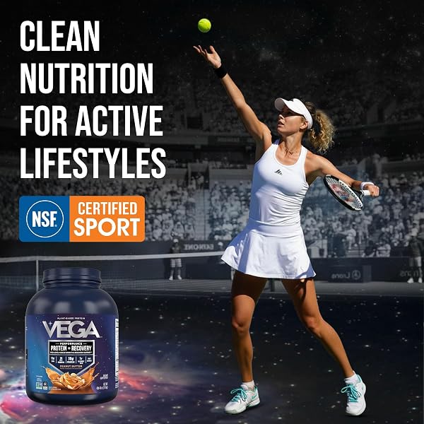 VEGA PROTEIN + RECOVERY, PEANUT BUTTER – 30G VEGAN PROTEIN, DAIRY & GLUTEN FREE, PROBIOTICS, NSF CERTIFIED, 67.2 OZ (45 SERVINGS)