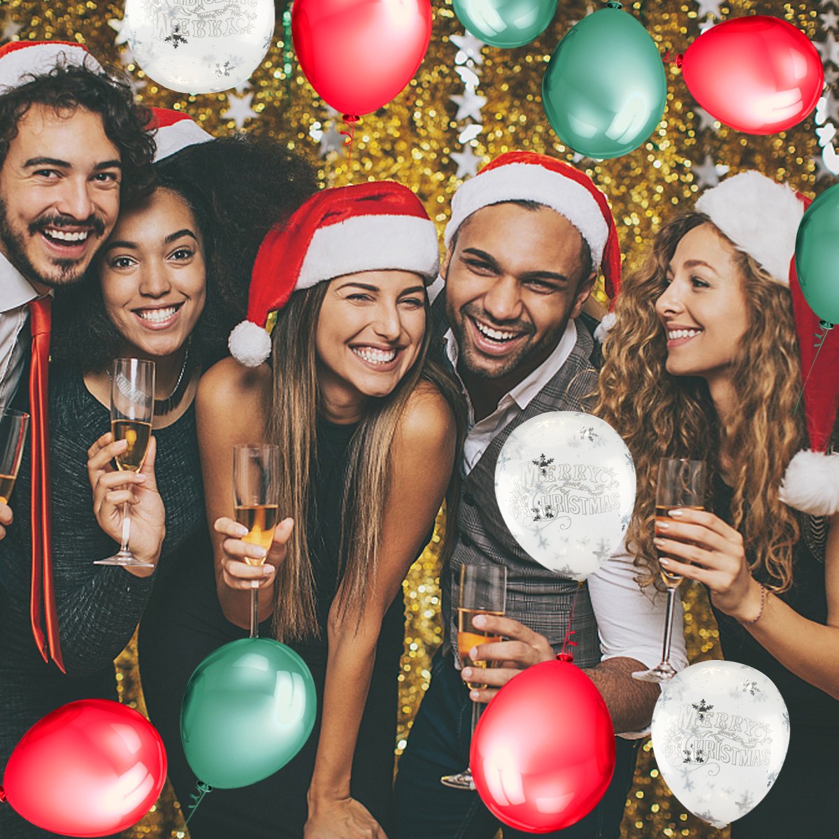 15 pcs Merry Christmas Printed White Snowflakes Confetti Balloons with 12 inches Green and Red Latex Party Balloons (30 Pcs) For Christmas Winter Wonderland Decorations Ornaments Party Supplies