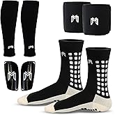 MediCaptain Soccer Grip Socks, Shin Guards, Pre Cut Sock Sleeves, and Guard Straps Bundle Pack - Essential Equipment for Soccer Players - for Mens, Women, Youth, Size 7 to 12 US Men Shoe Size