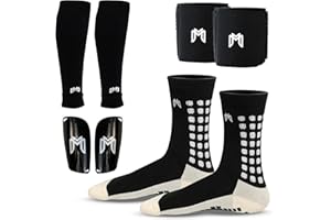 MediCaptain Soccer Grip Socks, Shin Guards, Pre Cut Sock Sleeves, and Guard Straps Bundle Pack - Essential Equipment for Soccer Players - for Mens, Women, Youth, Size 7 to 12 US Men Shoe Size