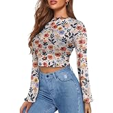 Jndtueit 70s Womens Bell Sleeve Top Floral Tops for Women Mock Neck Flare Tops Sheer Mesh Long Sleeve Top Ruffle Shirts