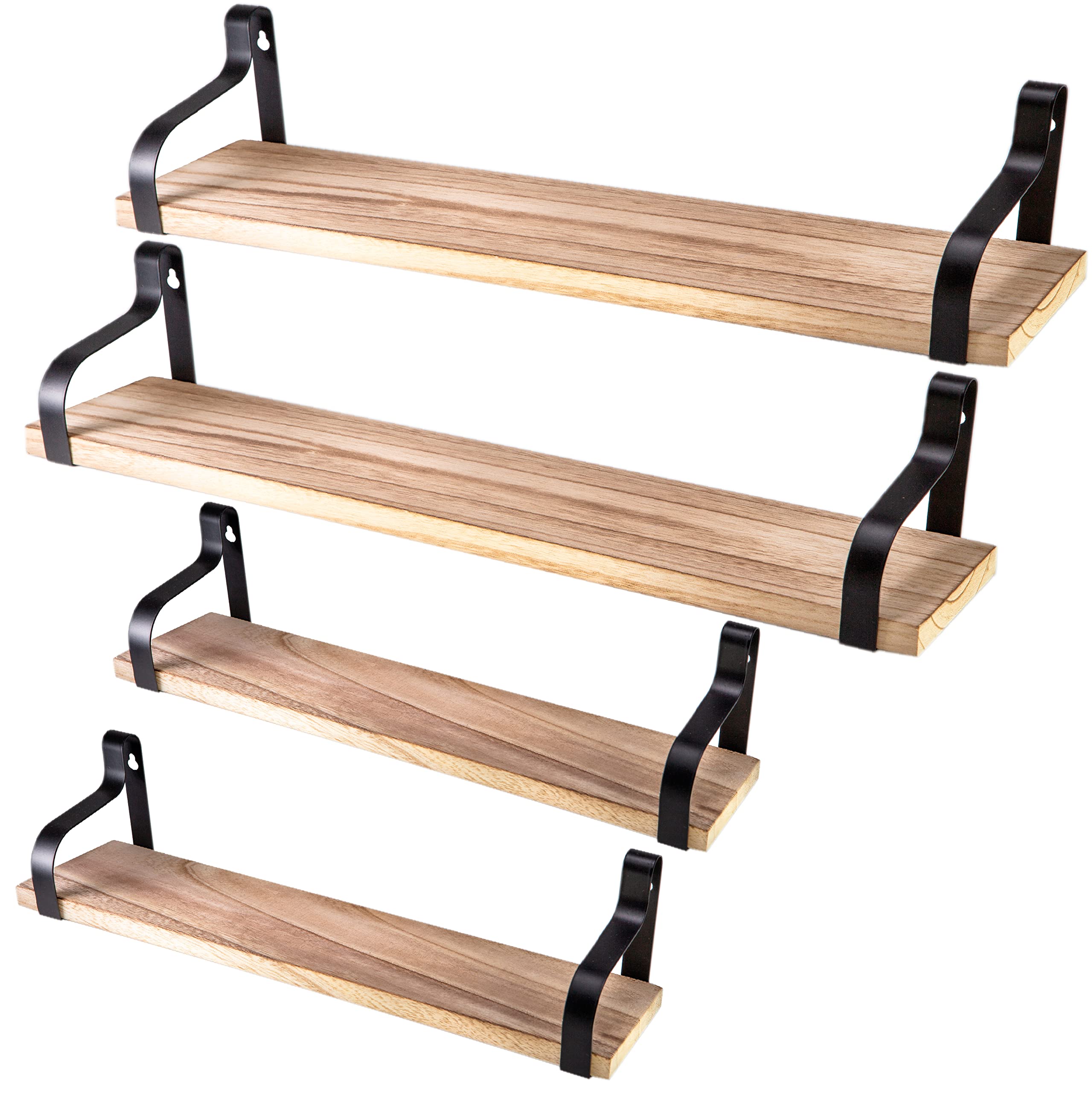 NATURE SUPPLIES Wooden Floating Shelves Set of 4 Rustic Hanging with Brackets Narrow Shelf for Wall Shelving Living Room Bedroom Decor