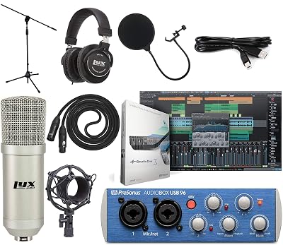 PreSonus AudioBox 96 USB 2×2 Interface Recording Bundle with LyxPro Cardioid Condenser Mic, HAS‑10 Headphones, Pop Filter, Shockmount, Stand, XLR Cable & Studio One Artist Software Kit