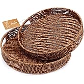Coffee Table Tray 2 Pack Rattan Woven Basket Multifunctional Round Rattan Serving Tray with Handles, Decorative Trays for Home Decor, Kitchen Counter, Living Room