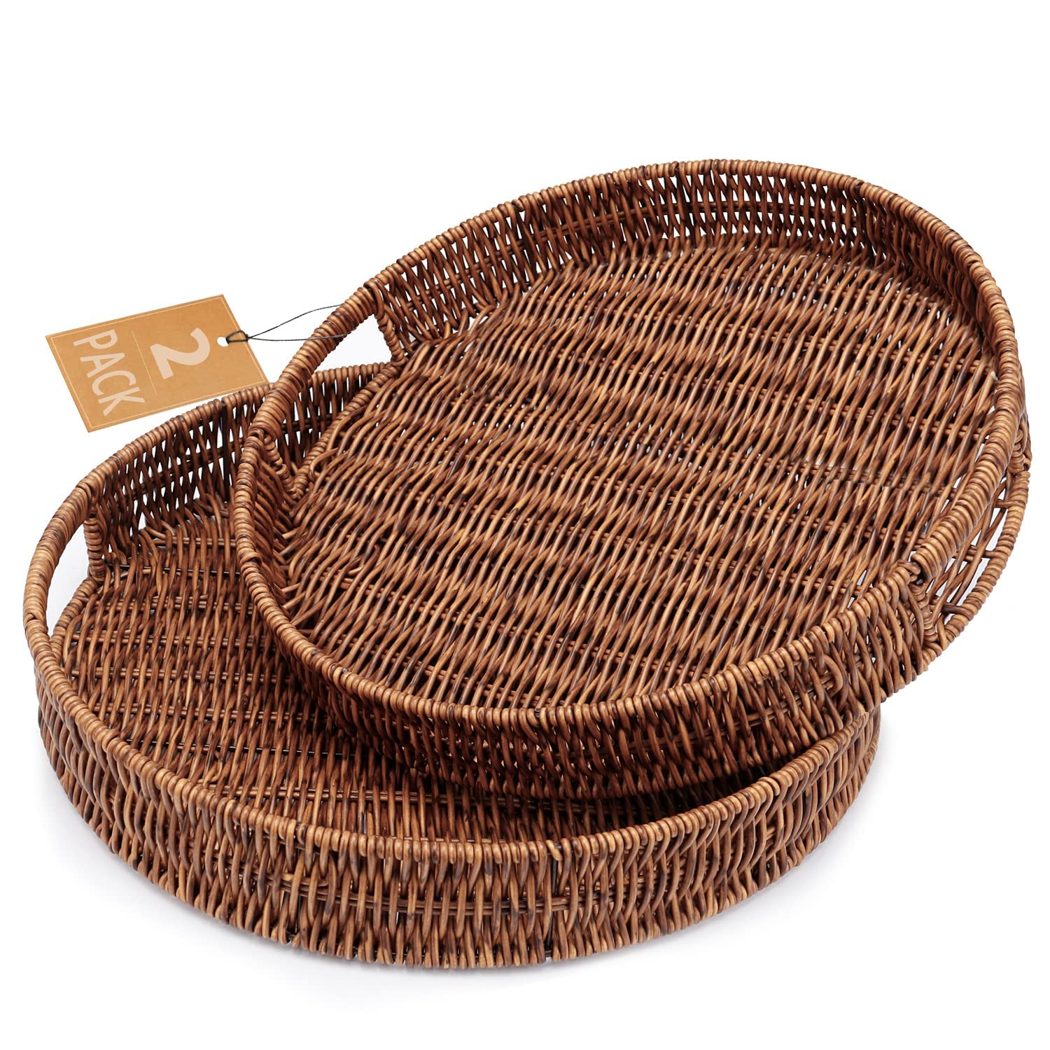 Photo 1 of Coffee Table Tray 2 Pack Rattan Woven Basket Multifunctional Round Rattan Serving Tray with Handles, Decorative Trays for Home Decor, Kitchen Counter, Living Room