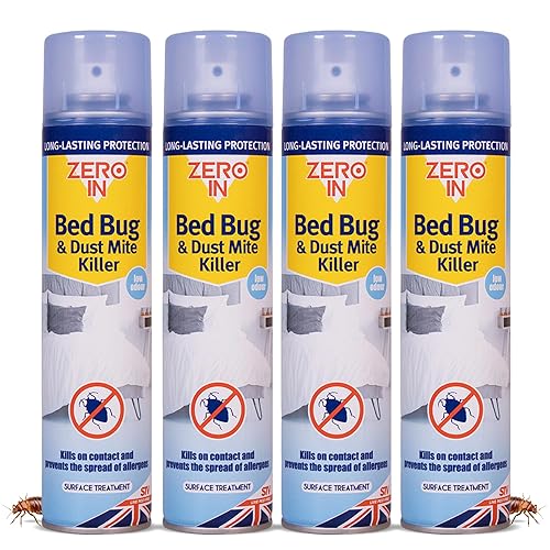 Zero In Bed Bug & Dust Mite Killer – Bed Bug Spray for Mattress, Bed Frames & Furnishings - Fast-Acting Aerosol Surface Treatment for Immediate Results - Prevents Allergies - 300ml Multi Packs X4