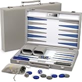 Large Gray Backgammon Set for Adults - Classic Board Game for 2 Players Adults and Kids - Premium 15 Inch Backgammon Board with 32 Playing Pieces in Quality PU Leather Case