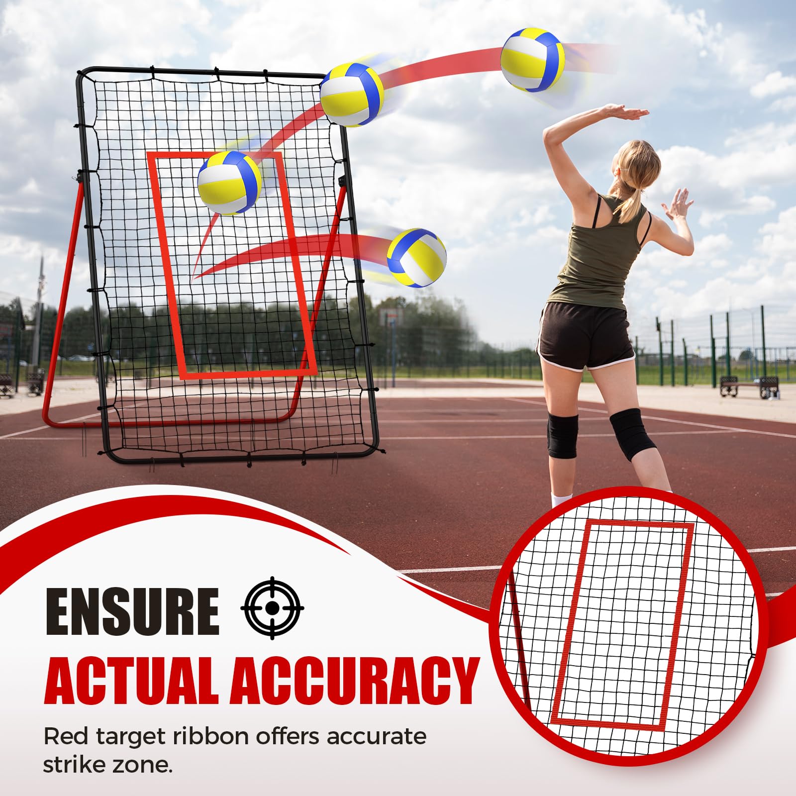 Volleyball Rebounder Net - Portable 7x4 ft Training Equipment for Spike and Smash Practice - 5 Rebound Angles Custom Target Area for Volleyball Sports Training，Red