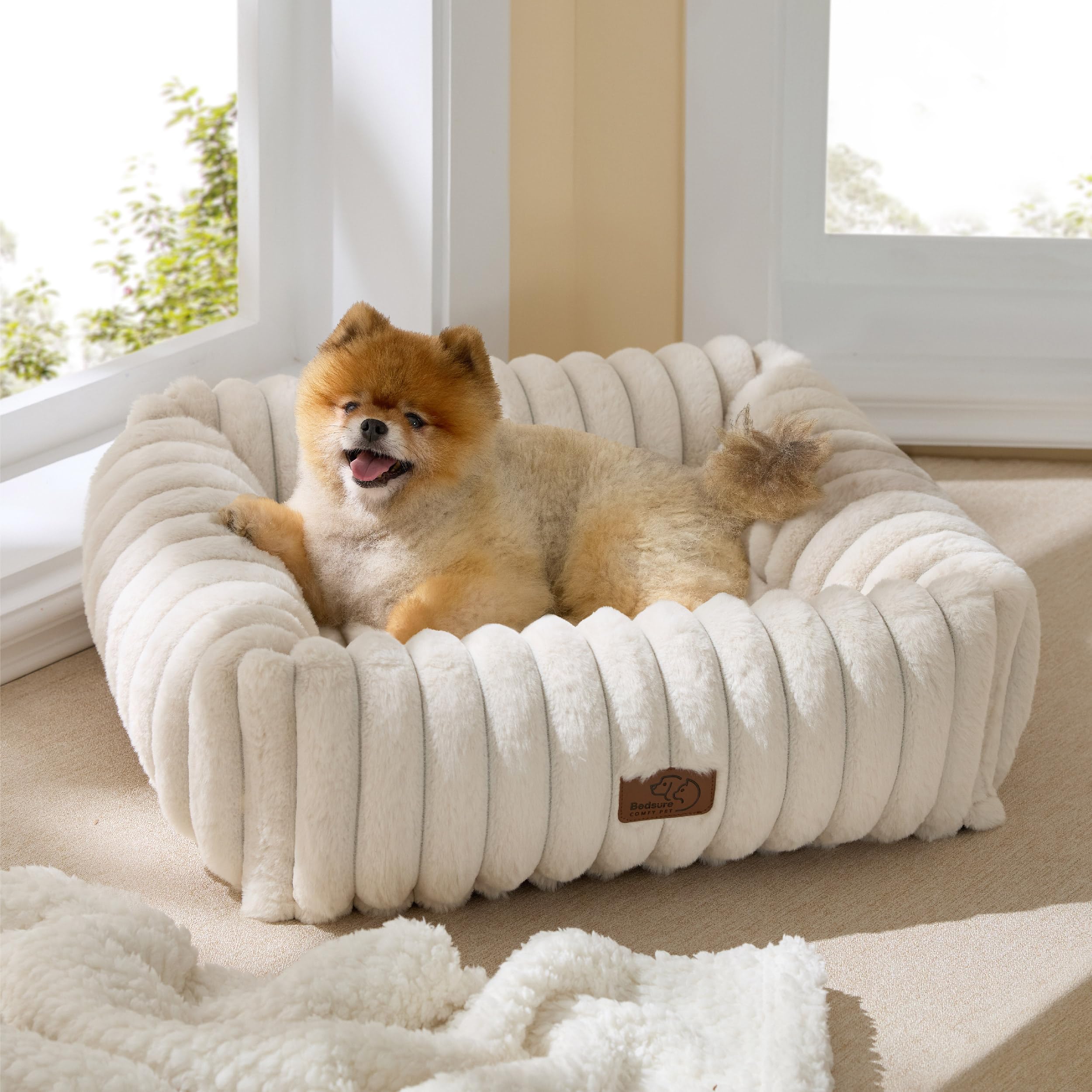 Photo 1 of Bedsure Cute Dog Bed for Small Medium Dogs - Washable Furry Puppy Beds, Rectangle Orthopedic Corduroy Fleece Pet Beds with Removable Zipper Cover, 25x21x7inches, Cream