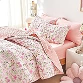 Wake In Cloud - Floral Quilt Set, Coquette Cottagecore Shabby Chic Flower for Women Teen Girls, Reversible Lightweight Bedspread Coverlet, 3 Pieces, Light Pink, Twin/Twin XL Size
