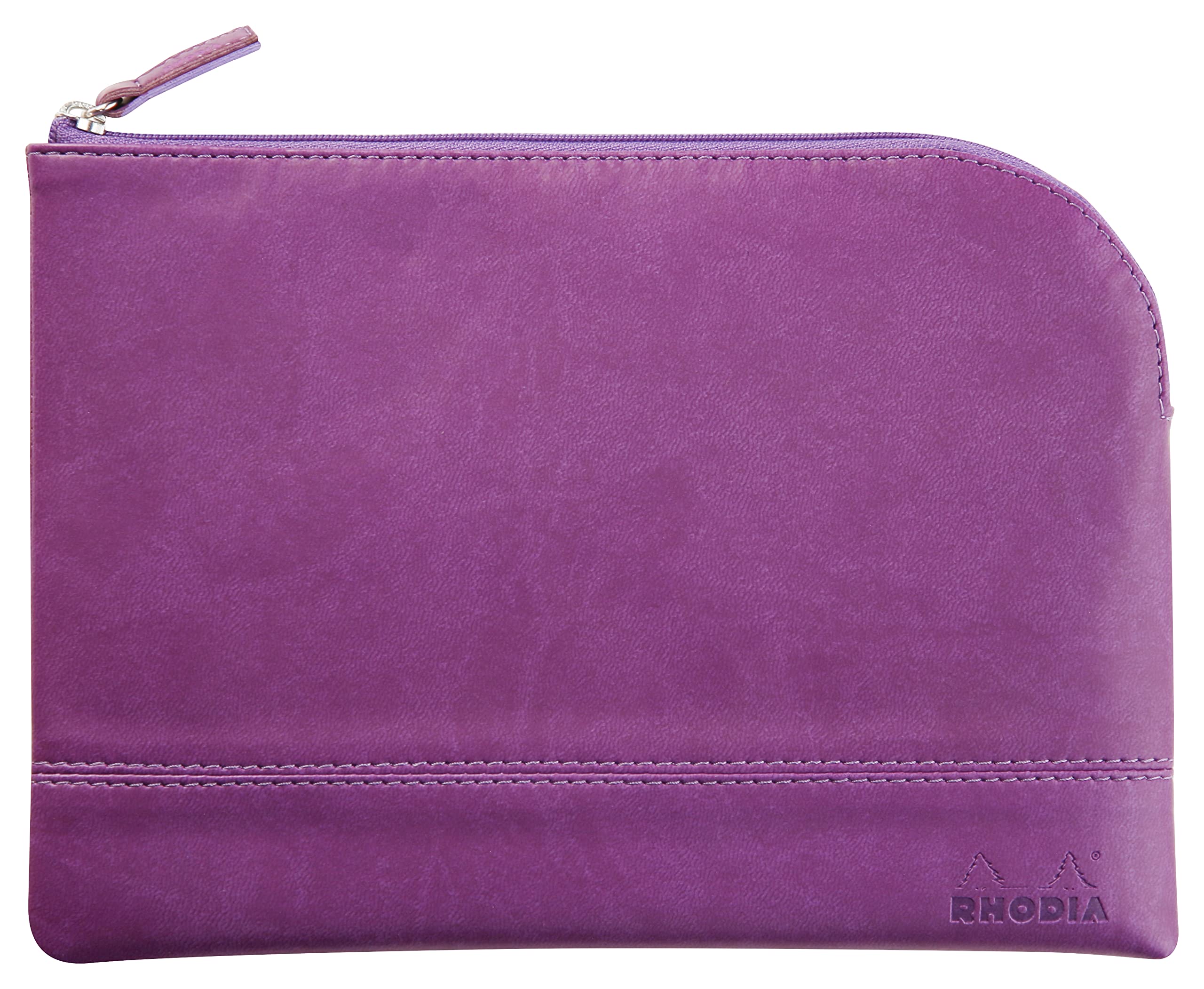 RHODIA 116640C - Faux Leather Zipped Pouch - Purple - Size M (16 x 22 cm) - Genuine Stitching - Orange Fabric Inside - Storage for Documents, Small Supplies
