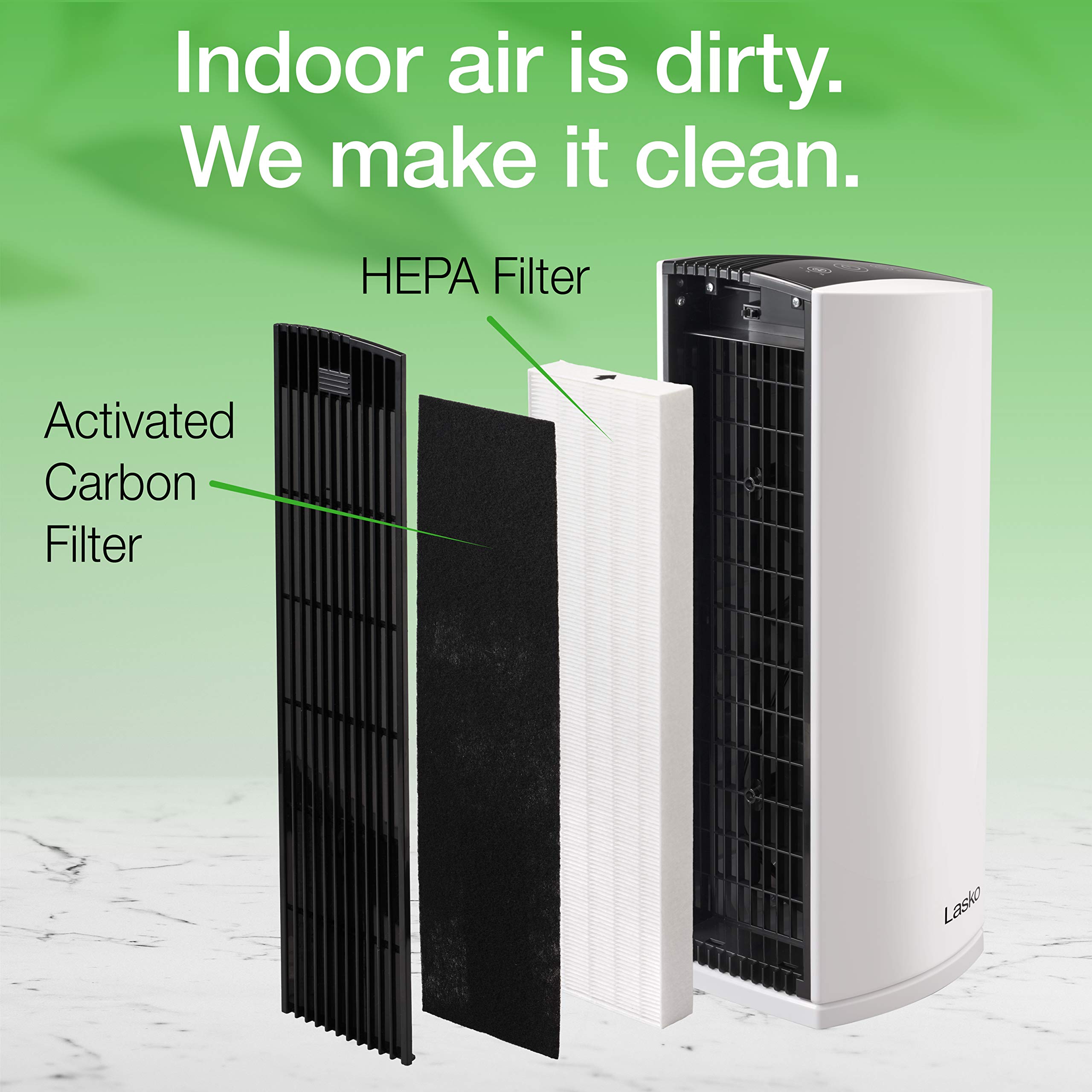 Lasko LP300 HEPA Tower Air Purifier with Timer for a Cleaner, Fresher Environment –2-Stage Filtration Removes Smoke, Odors, Pet Dander, Virus Sized Particles, Pollen, Dust, 21.6