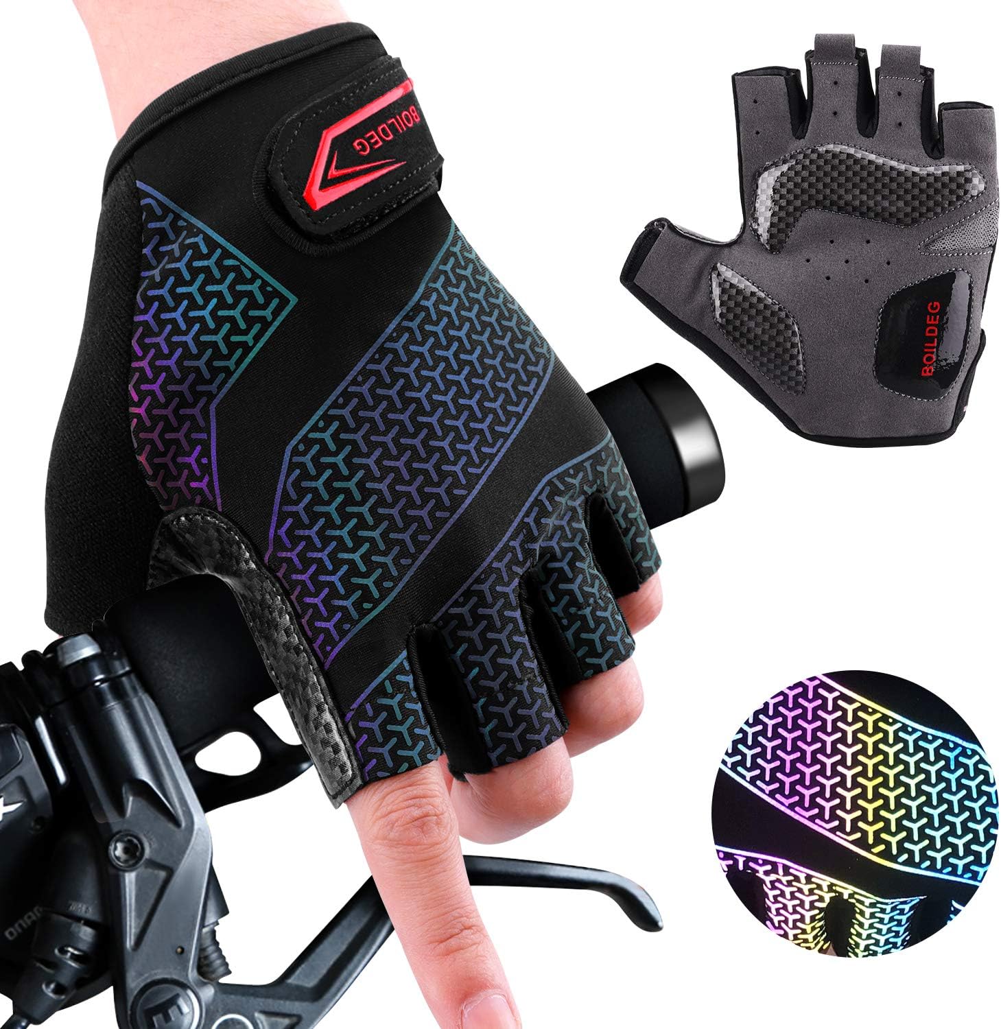 boildeg Fahrradhandschuhe Radsporthandschuhe rutschfeste und stoßdämpfende Mountainbike Handschuhe mit Signalfarbe geeiget Unisex Herren Damen (Black - 