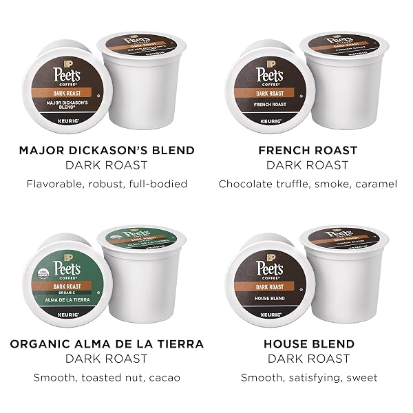 PEET’S COFFEE, KEURIG K-CUP PODS DARK ROAST VARIETY PACK – MAJOR DICKASON’S BLEND, FRENCH ROAST, ORGANIC ALMA DE LA TIERRA, HOUSE BLEND, 40 COUNT (4 BOXES OF 10 K-CUP PODS)