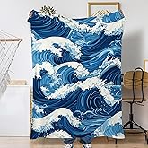Blue Ocean Wave Sofa Throw Blankets,Vintage Japanese Soft Cozy Fuzzy Lightweight Travel Blanket,Flannel Fleece Fall Throw Blanket for Couch,Bed,Camping,Movie Nights,Watching TV 50 X 60 Inch
