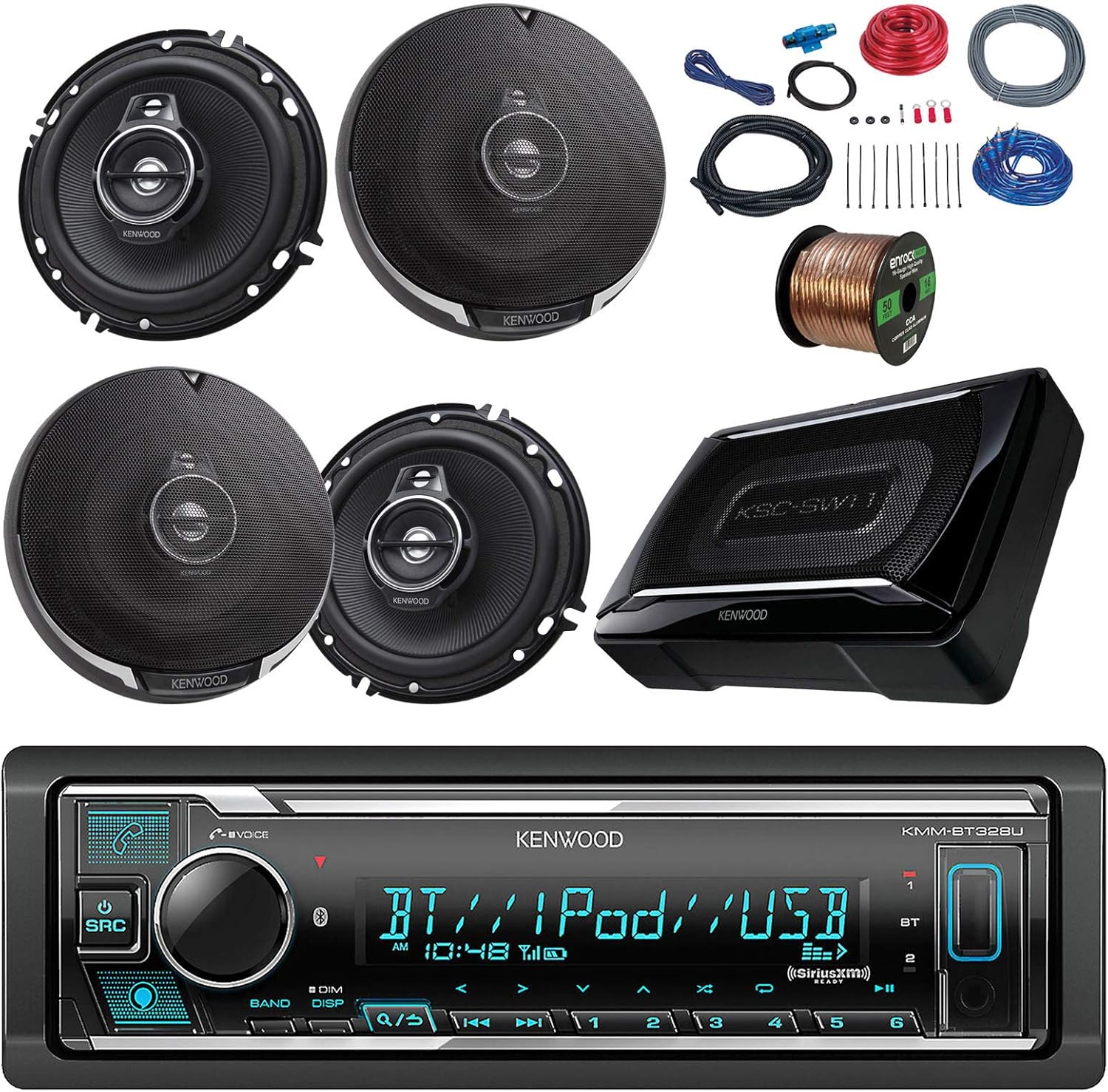 Kenwood Bluetooth USB AUX AM/FM Car Stereo Receiver Bundle with 4x KFC-1695PS 320W 6.5" 3-Way Audio Coaxial Speakers, Compact Powered Subwoofer, Installation Kit, Speaker Wire
