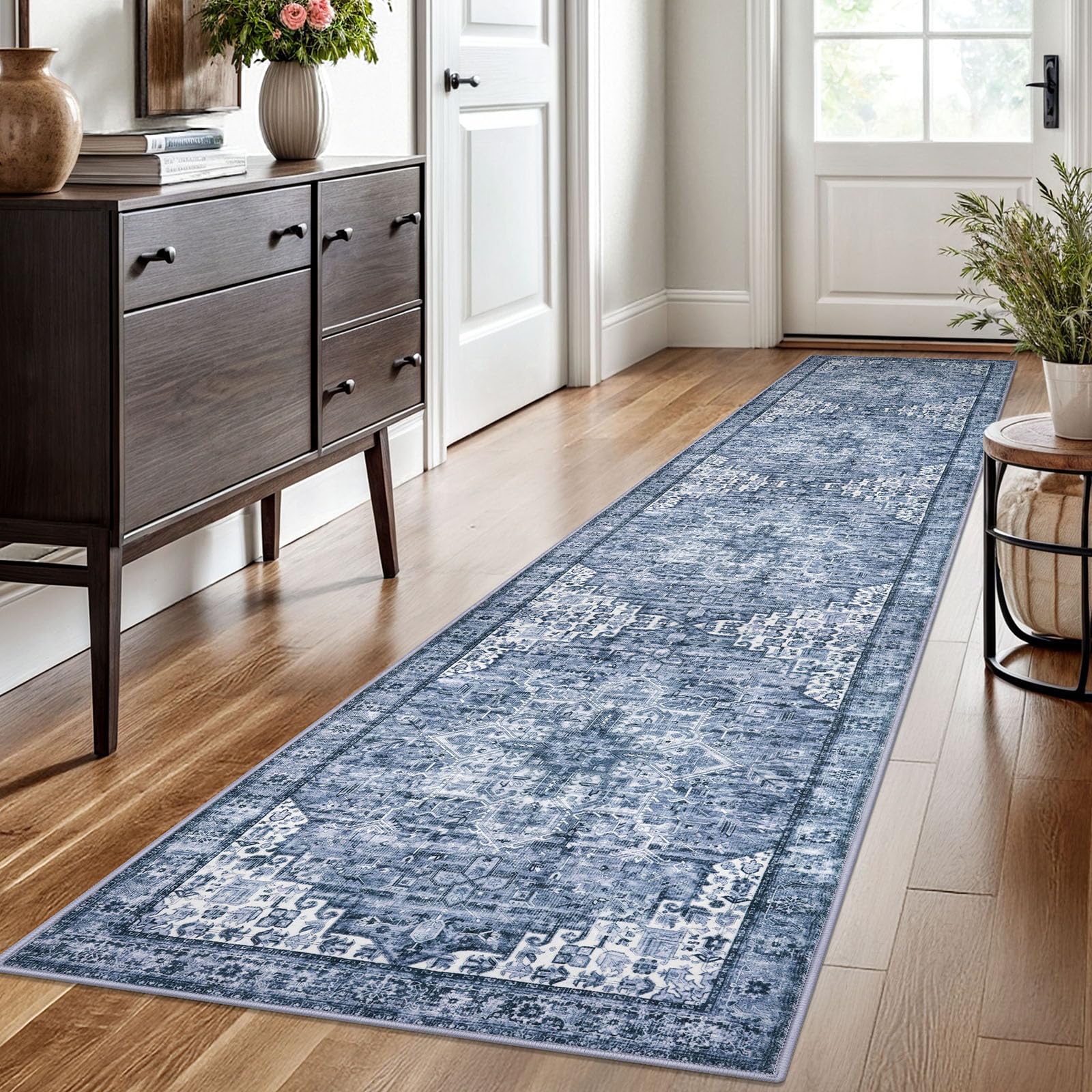 SIILOOM 2x10 Washable Rug for Entrance, Blue Soft Printed Area Rug, Non-Slip Kitchen Rugs, Low-Pile Medallion Indoor Door Mat, Small Farmhouse Carpet for Entryway Kitchen Foyer Bedside Image