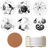 Acellegic 6 Set Vintage Halloween Gothic Coasters Spider Skull Raven Bottle Design Drink Coaster Absorbent Round Ceramic Stone Mat with Cork Base and Metal Holder for Home Bar Decor House Warming Gift