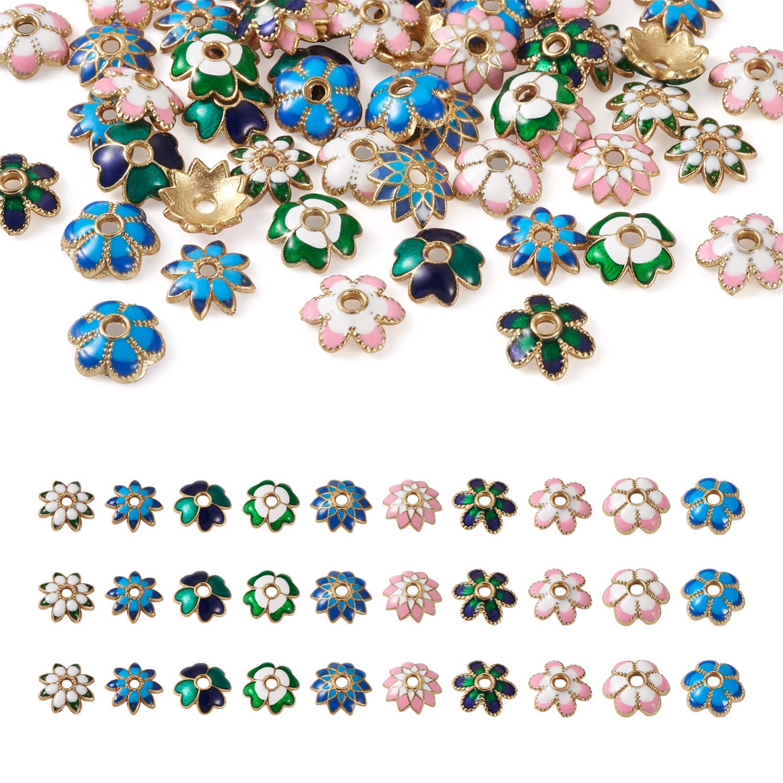 PandaHall 60pcs Flower Enamel Bead Caps 10 Styles Golden Plated Multi Petal Flower Bead Caps Metal Jewellery Terminators Tassel End Caps for Jewelry Bracelet Earring Making