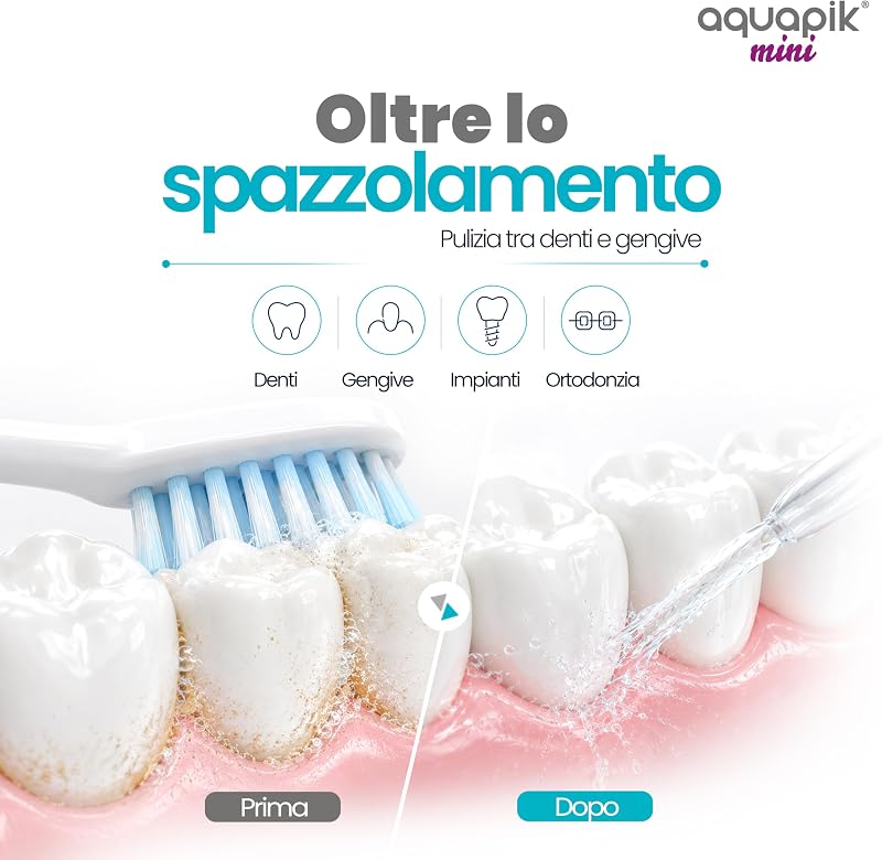 Aquapik® Mini Idropulsore Dentale Portatile 200ml USB-C 3 Modalità IPX8 Jet
