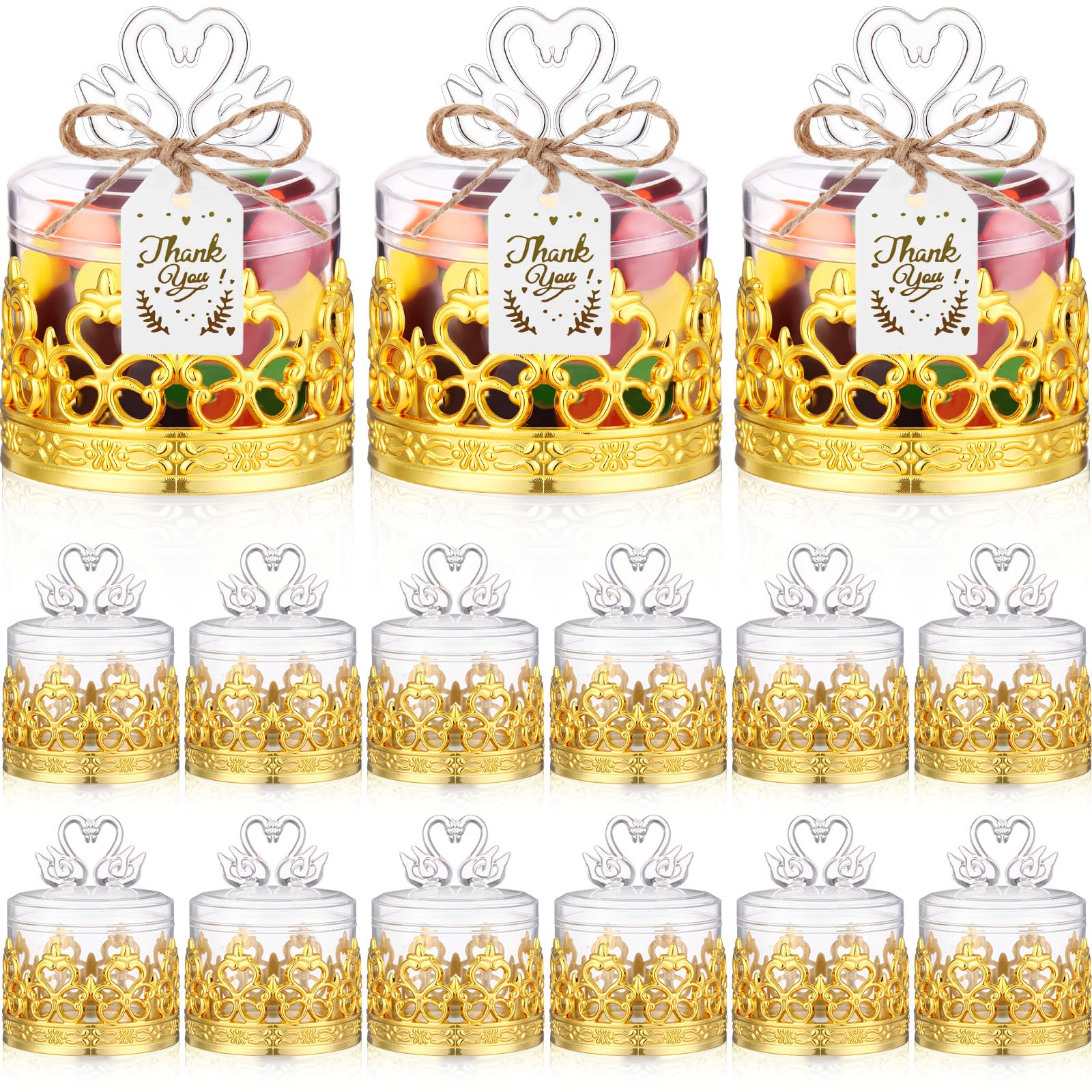 Photo 1 of Jingmore 15 Sets Mini Crown Candy Boxes with Thank You Tags and Twine Plastic Swan Candy Favor Storage Containers for Wedding Baby Shower Princess Birthday Party Supplies (Gold and Clear)