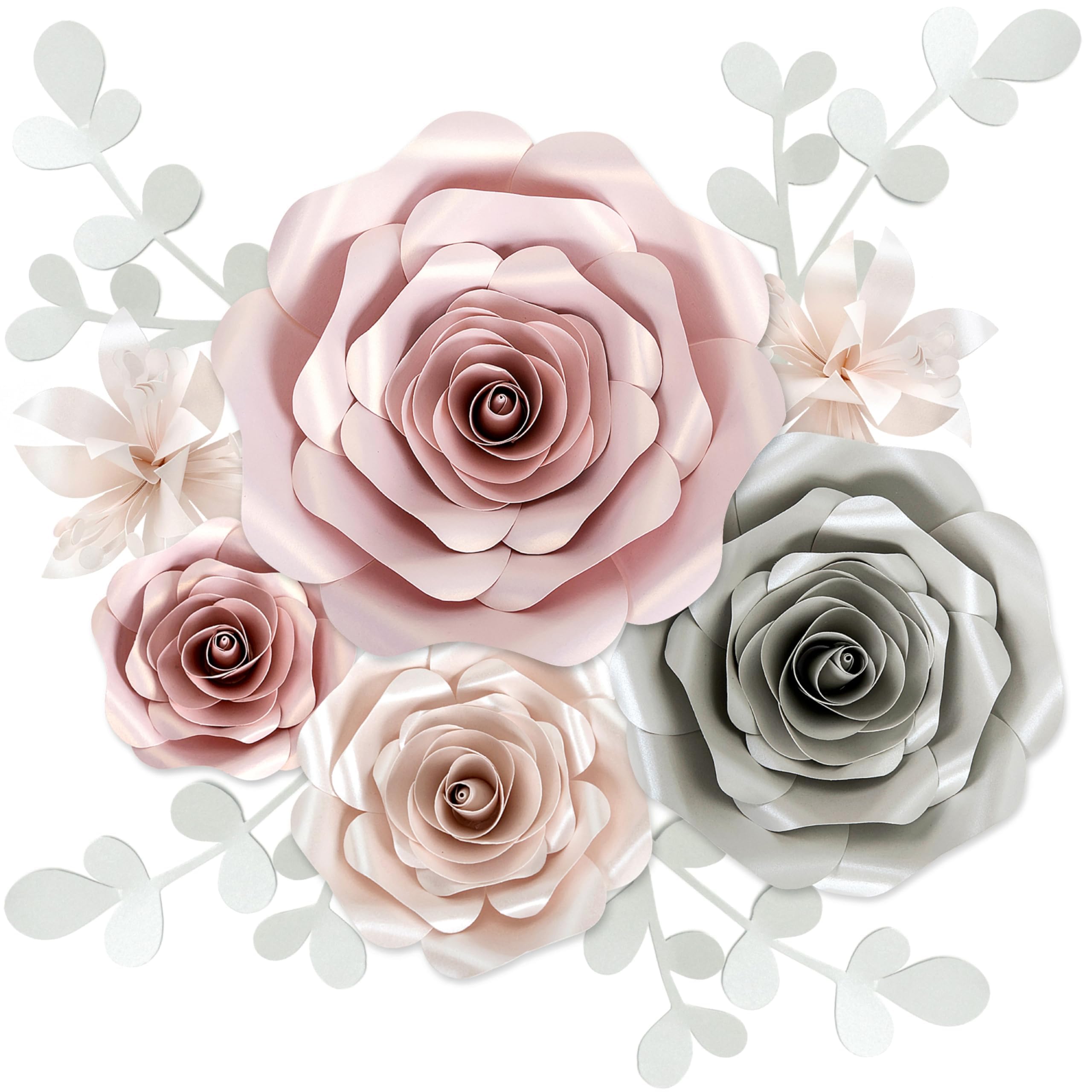 Rainbows & Lilies Paper Flowers Decorations for Wall, Wedding, Bridal Shower, Baby Girl Nursery Decor, Kids Room, Flower Backdrop, Party - 10-Pc Wall Flowers Wall Decor (Pink, Gray, Off-White)
