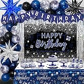 Blue and Black Birthday Decorations for Men Women, Happy Birthday Decorations for Boys Girls Silver Blue Party Decorations Backdrop Tablecloth Confetti Balloons Arch Kit Fringe Curtains Table Cover
