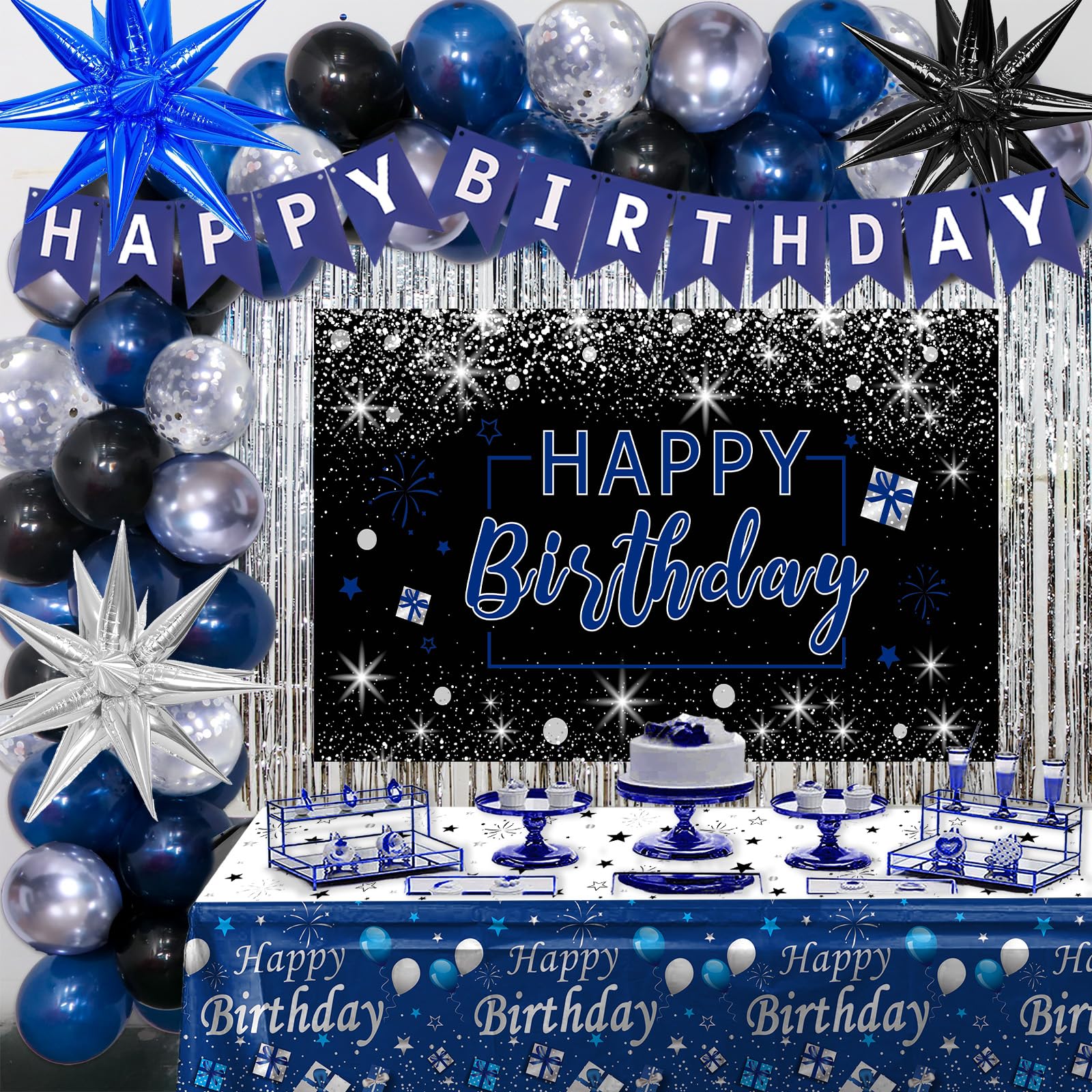 Photo 1 of Blue and Black Birthday Decorations for Men Women, Happy Birthday Decorations for Boys Girls Silver Blue Party Decorations Backdrop Tablecloth Confetti Balloons Arch Kit Fringe Curtains Table Cover