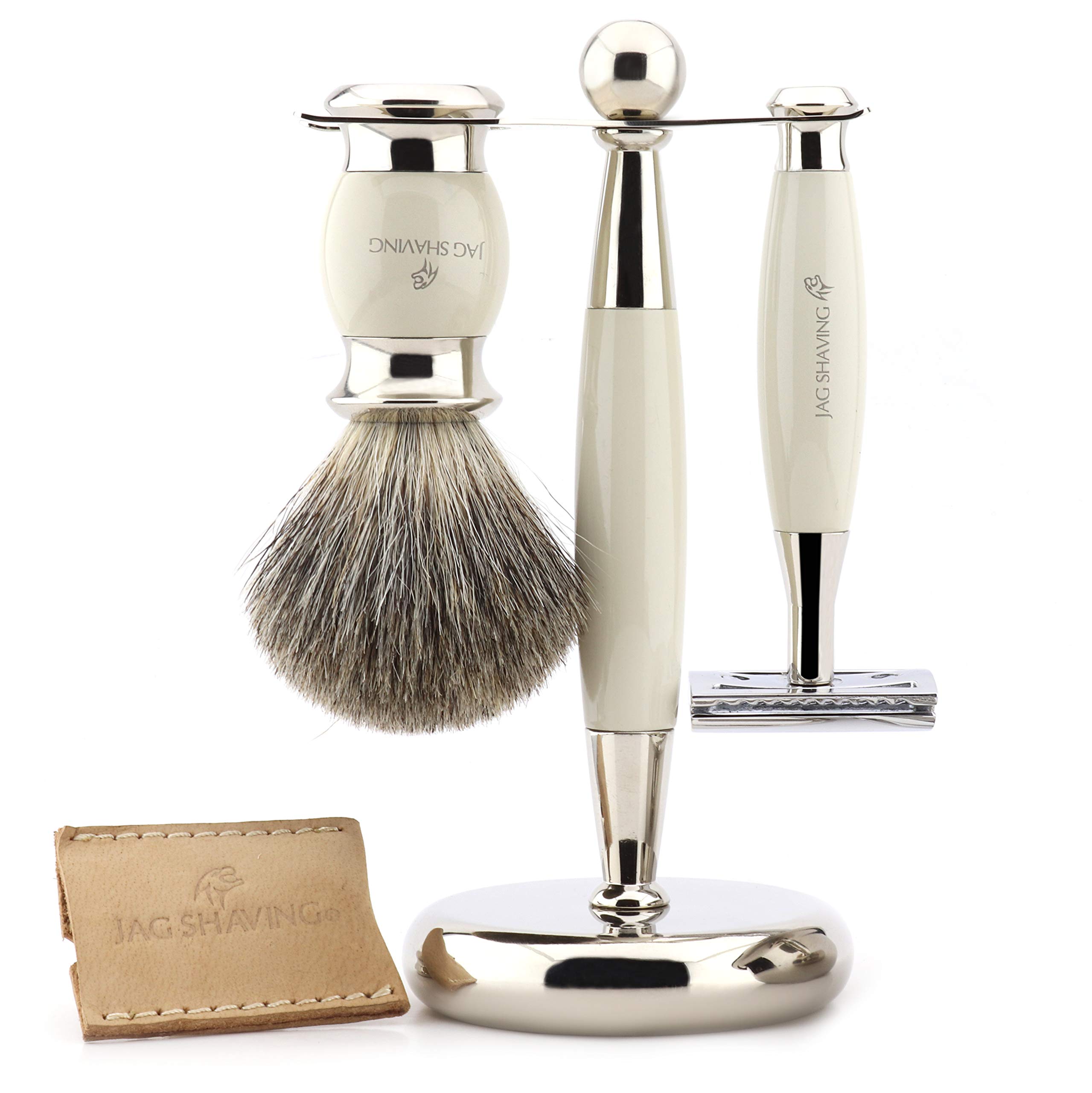 Jag Shaving Ivory Mens Shaving Kit Double Edge Safety Razor with Leather Case, Super Badger Hair Brush and Stand Perfect Set for Men