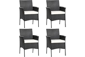 RELAX4LIFE Wicker Patio Chairs Set of 4, Indoor Outdoor PE Rattan Armchairs w/Cane Back, Seat Cushions for Bistro Porch Poolside, 360LBS Weight Capacity, 4 Pack Outdoor Dining Chairs (4, Black+Beige)