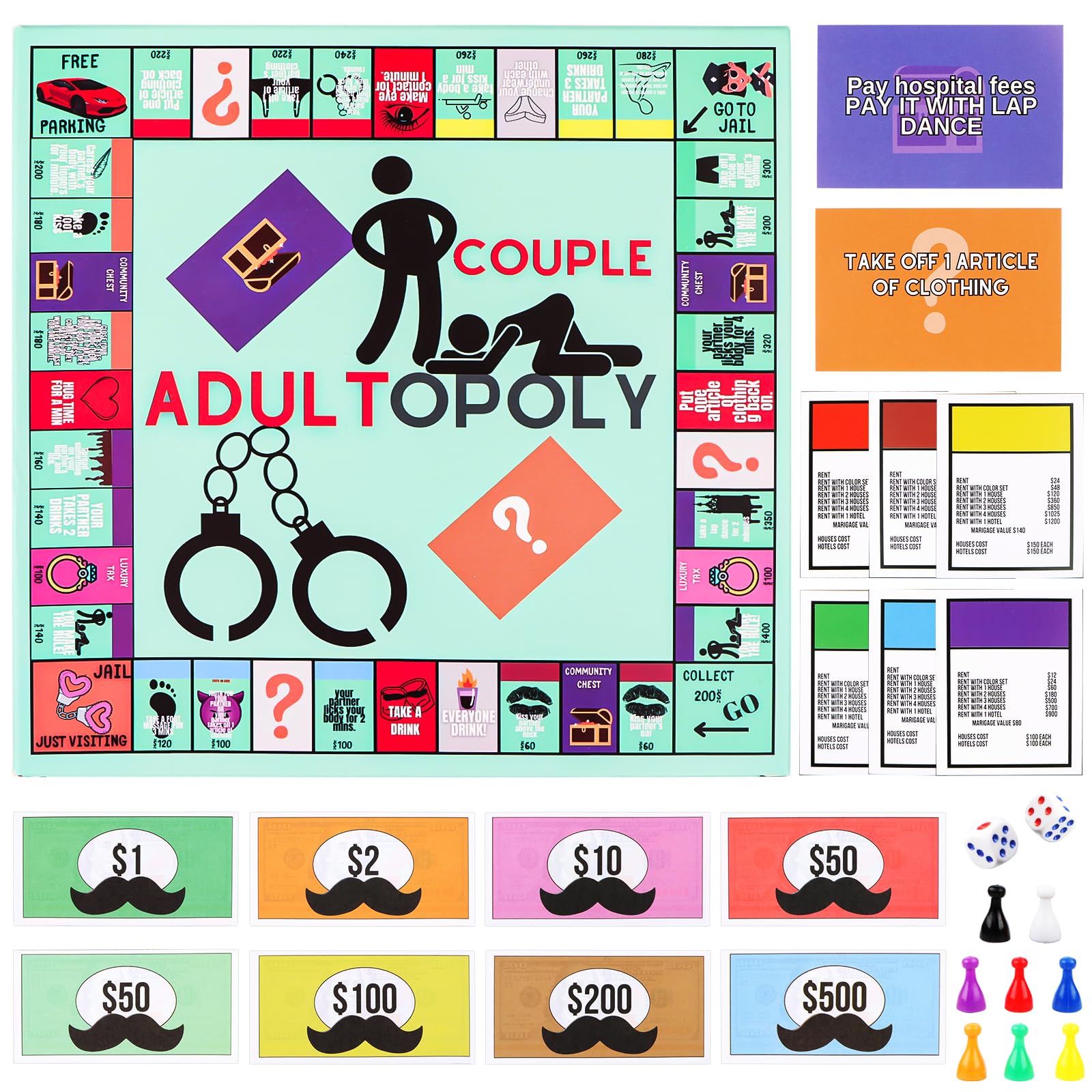 Couple Games for Adults, Adultopoly Board Game Board Games for Couples, Adultopoly Board Game Night For Couples Couple Board Game, Board Game Props to Heat Up the Feelings