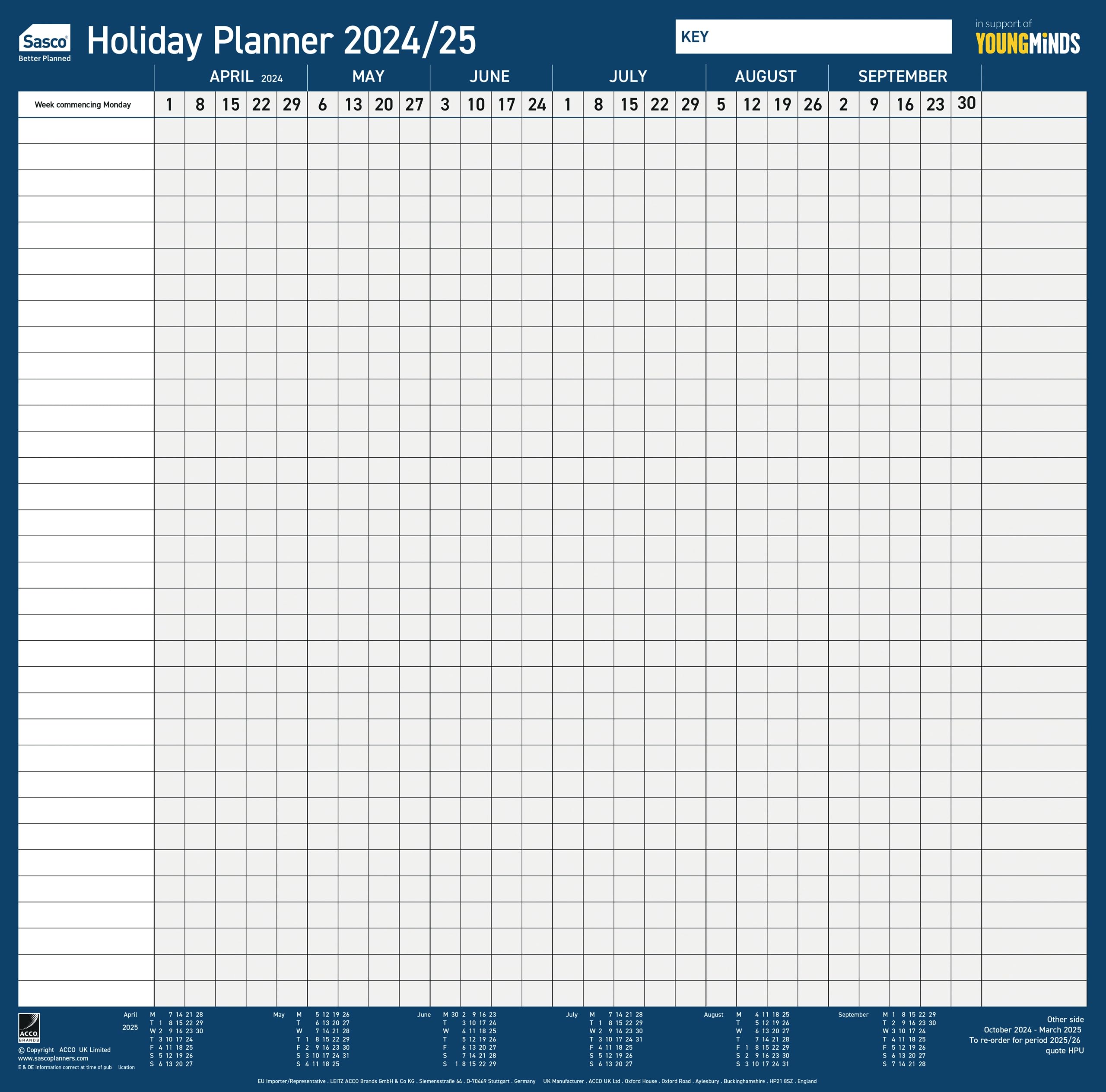 Sasco 2024 Holiday & Fiscal Year Wall Planner, Financial Year Wall Planner, Paper Whiteboard Style Dry Erase Calendar, 2 Sided Tax Planner & Dry Erase Pen, Wall Chart, Notice Board, Blue, 412x416mm