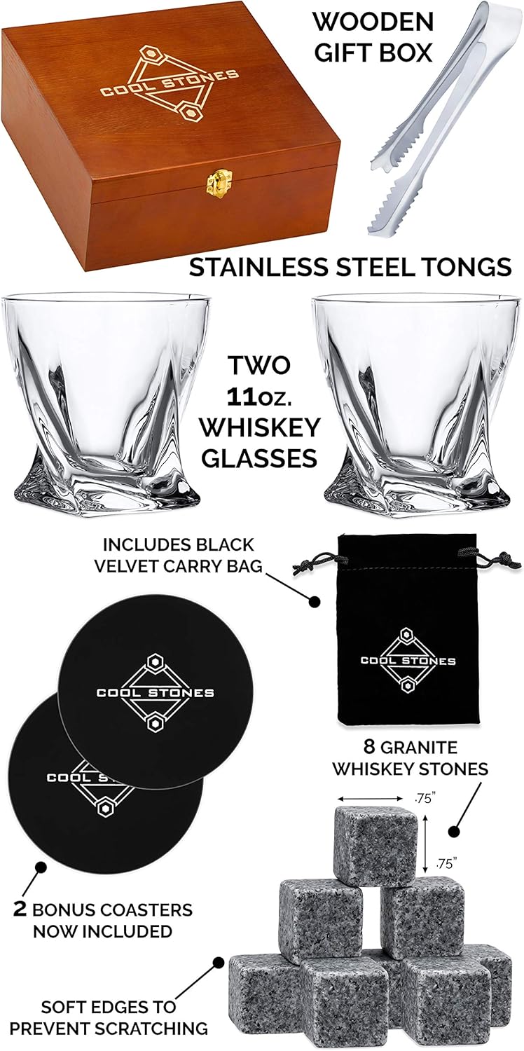 Whiskey Stones and Whiskey Glass Gift Boxed Set, 8 Granite Chilling Whisky Rocks, 2 Glasses in Wooden Box, Great Gift for Father's Day, Dad's Birthday or Anytime For Dad, Plus 2 Free Coasters: Kitchen & Dining