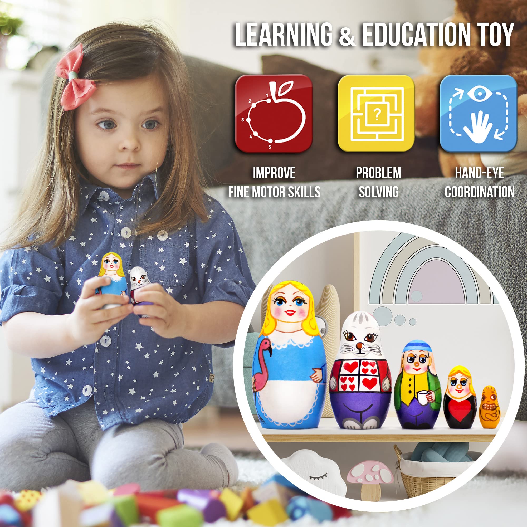 Alice in Wonderland Wooden Stacking Dolls Set 5 Pcs - Russian Nesting Doll Wood Matryoshka Babushka