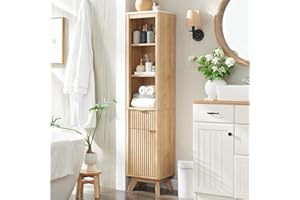 RedLemon 68" Tall Bathroom Narrow Storage Cabinet with Adjustable Shelf, Drawer & Faux Marble Top, Curved Profile Linen Tower for Bathroom, Living Room, Kitchen, Natural Oak