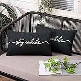 Adabana Outdoor Waterproof Throw Pillow Covers Set of 2 Stay awhile Decorative Outdoor Lumbar Pillows Cover for Patio Garden Porch Black 12x20 Inch