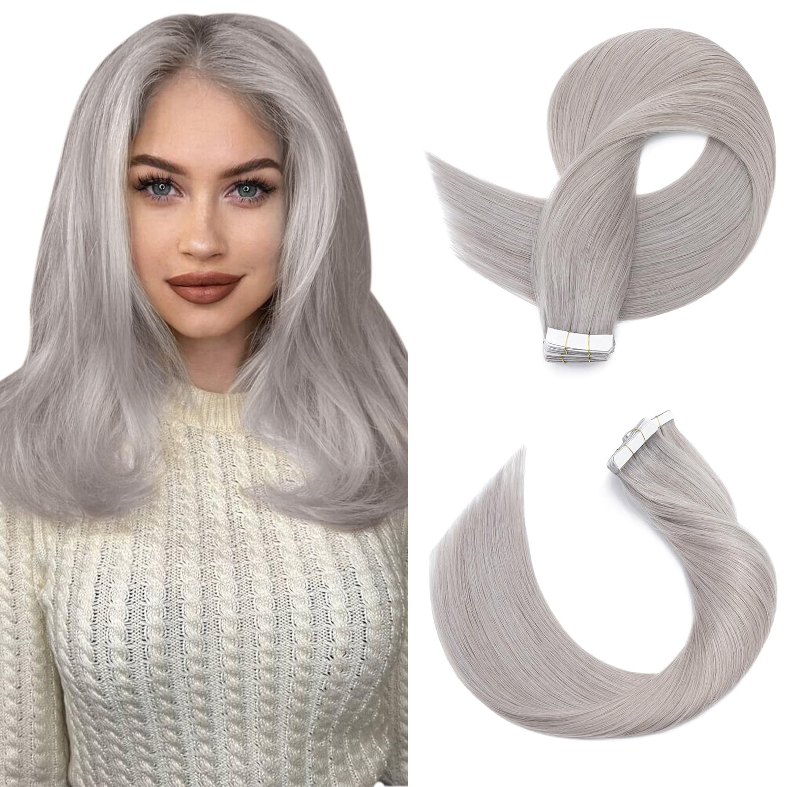 SEGOHAIR Tape in Hair Extensions Human Hair, 12" Invisible 10Pcs Real Hair Straight Natural Remy Tape Hair Extensions - Grey — image 1