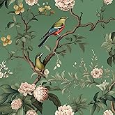 VEELIKE Vintage Green Bird Wallpaper Peel and Stick Chinoiserie Floral Wallpaper Removable Prepasted 17.7''x118'' Green Flora
