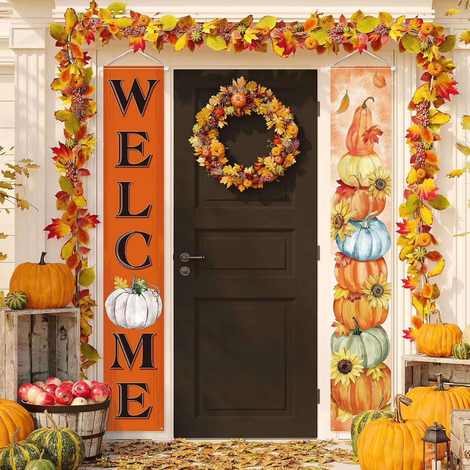 Yard Signs - Autumn Porch Sign Banners Fall Harvest Door Decorations Welcome Pumpkin Door Banners for Yard Indoor Outdoor Wall Party Supplies Decor (Orange Welcome Style)