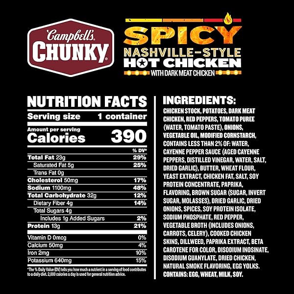 CAMPBELL’S CHUNKY SPICY NASHVILLE-STYLE HOT CHICKEN SOUP, 15.25 OZ BOWL